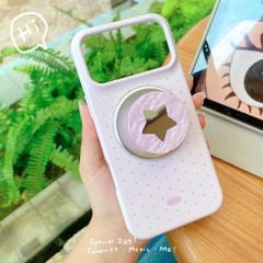 ** Ốp iPhone 17 Pro/18 Pro lưng cứng chấm bi nền hồng kèm pop gương