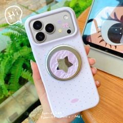 ** Ốp iPhone 17 Pro/18 Pro lưng cứng chấm bi nền hồng kèm pop gương