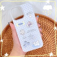 ** Ốp iPhone 16 Pro lưng cứng nền trắng chấm bi in đồ vật Blueee