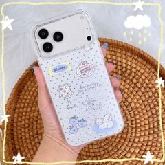 ** Ốp iPhone 17 Pro lưng cứng nền trắng chấm bi in đồ vật Blueee