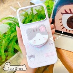 ** Ốp iPhone 17 Pro/18 Pro lưng cứng chấm bi hồng mèo/nốt nhạc kèm pop mèo