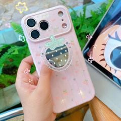 ** Ốp iPhone 17 Pro/18 Pro dẻo hồng cherry/nơ kèm pop gương quả dâu