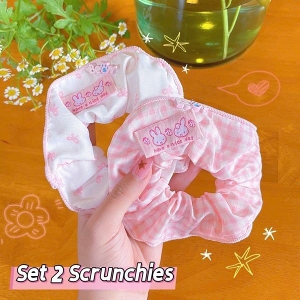 ** Scrunchies trắng/hồng kitty/cherry/thỏ/gấu
