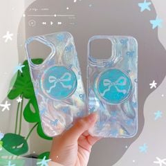 ** Ốp iPhone 17 vân sóng ánh bạc nơ xanh kèm pop