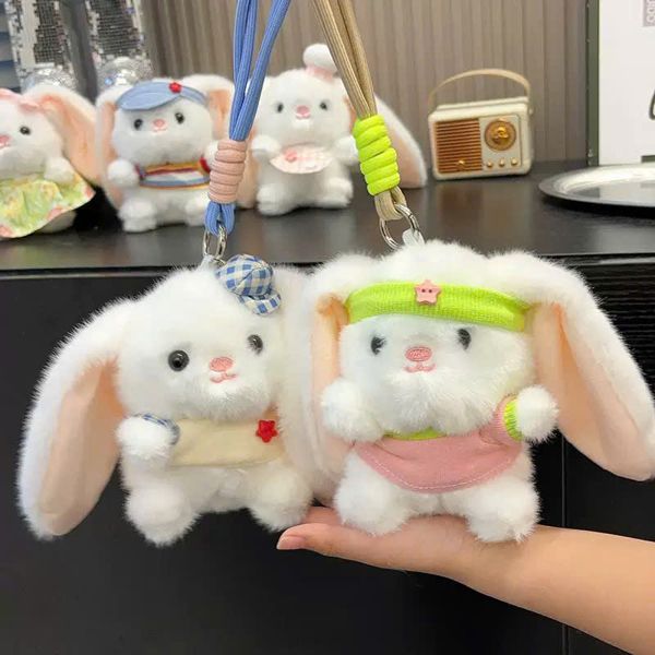 ** Móc khóa bông thỏ trắng tai dài mặc áo nhiều màu