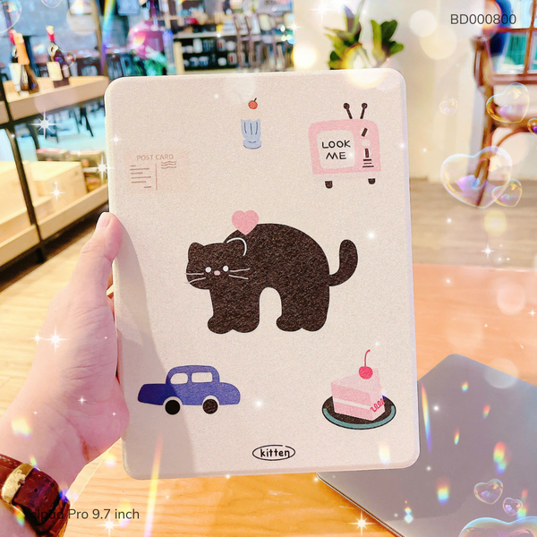 ** Bao da Ipad Air 1/Air 2/Gen 5/Gen 6/Pro 9.7 inch vân sần xoay 360 độ Mèo đen Kitten