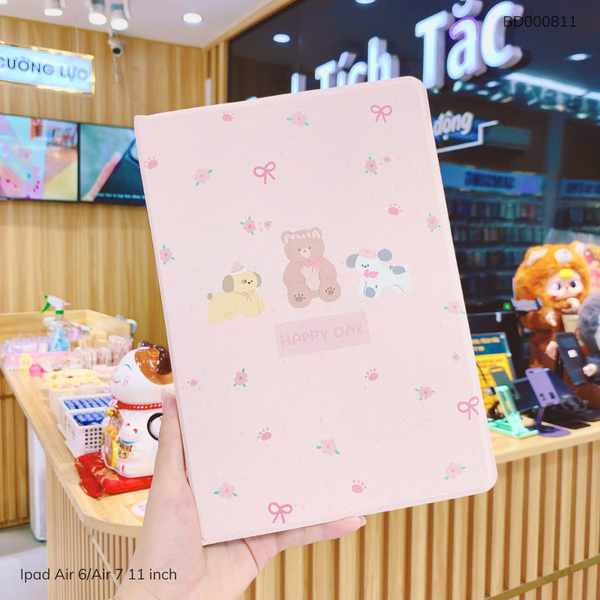 ** Bao da iPad Air6/Air 7 11 inch vân sần gấu cún nền hồng Happy Day