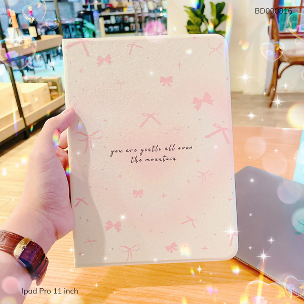 ** Bao da Ipad Pro 11 inch, 2018/2019/2020/2021 vân sần nhiều nơ nền kem