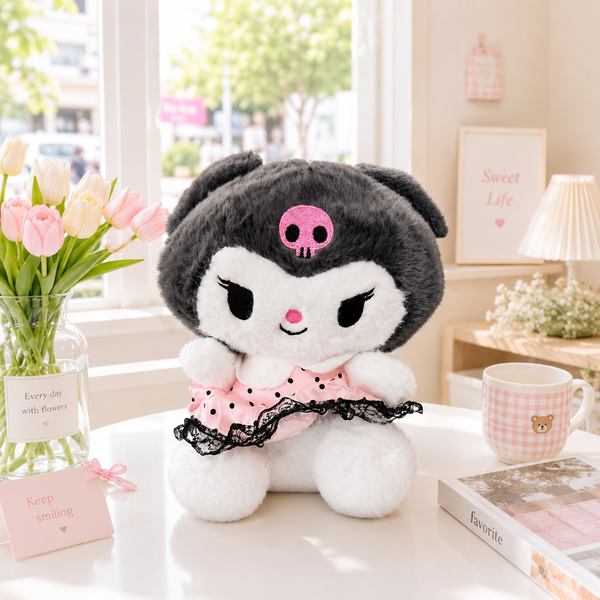 ** GẤU BÔNG KUROMI MẶC VÁY HỒNG CHẤM BI VIỀN REN SIZE 25CM
