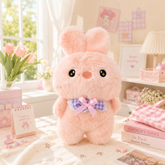 ** GẤU BÔNG THỎ HỒNG ĐEO YẾM CARO TÍM VIỀN REN SIZE 25CM