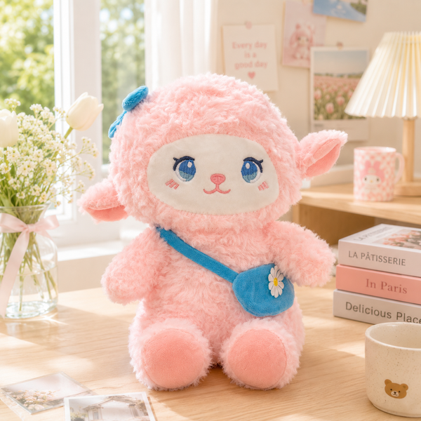 ** GẤU BÔNG CỪU HỒNG ĐEO TÚI XANH SIZE 25CM