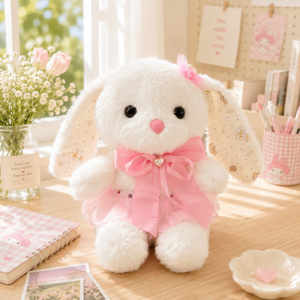 ** GẤU BÔNG THỎ TRẮNG TAI DÀI ĐÍNH HOA ĐEO NƠ HỒNG SIZE 25CM