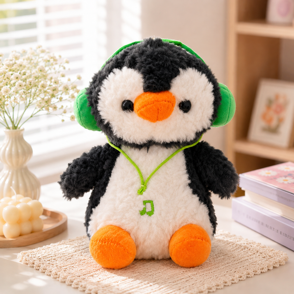 ** GẤU BÔNG CHIM CÁNH CỤT ĐEO TAI NGHE XANH LÁ SIZE 25CM