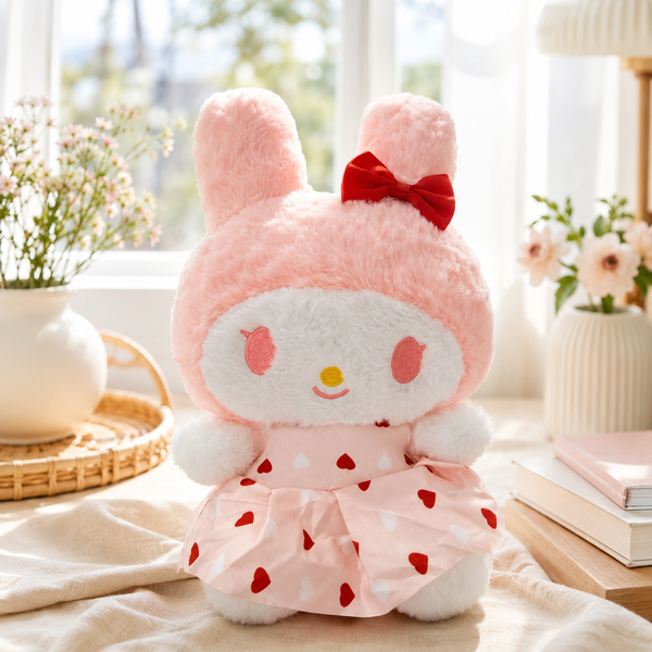 ** GẤU BÔNG MY MELODY HỒNG MẶC VÁY HỒNG TIM ĐỎ SIZE 25CM