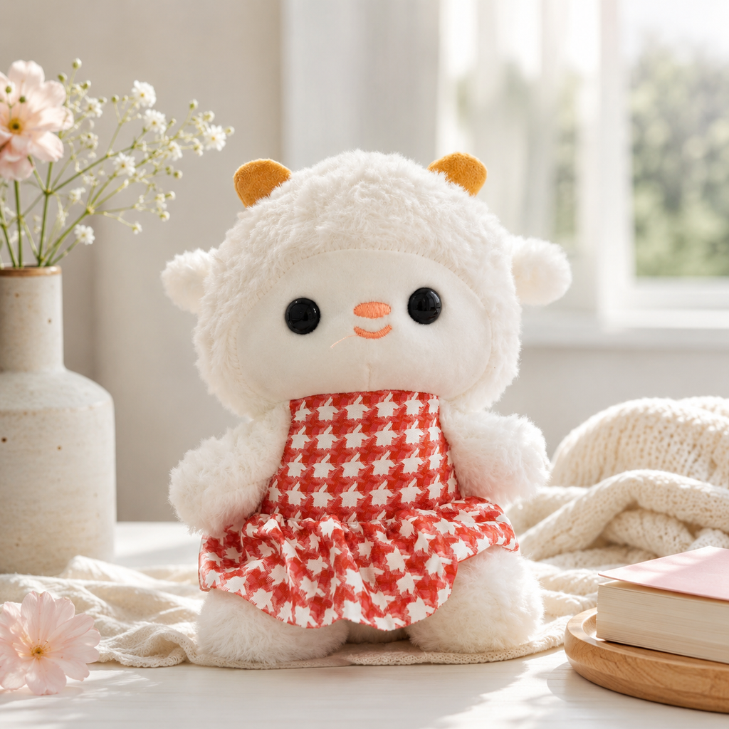 ** GẤU BÔNG CỪU TRẮNG MẶC VÁY CARO ĐỎ/XANH VIỀN REN SIZE 25CM