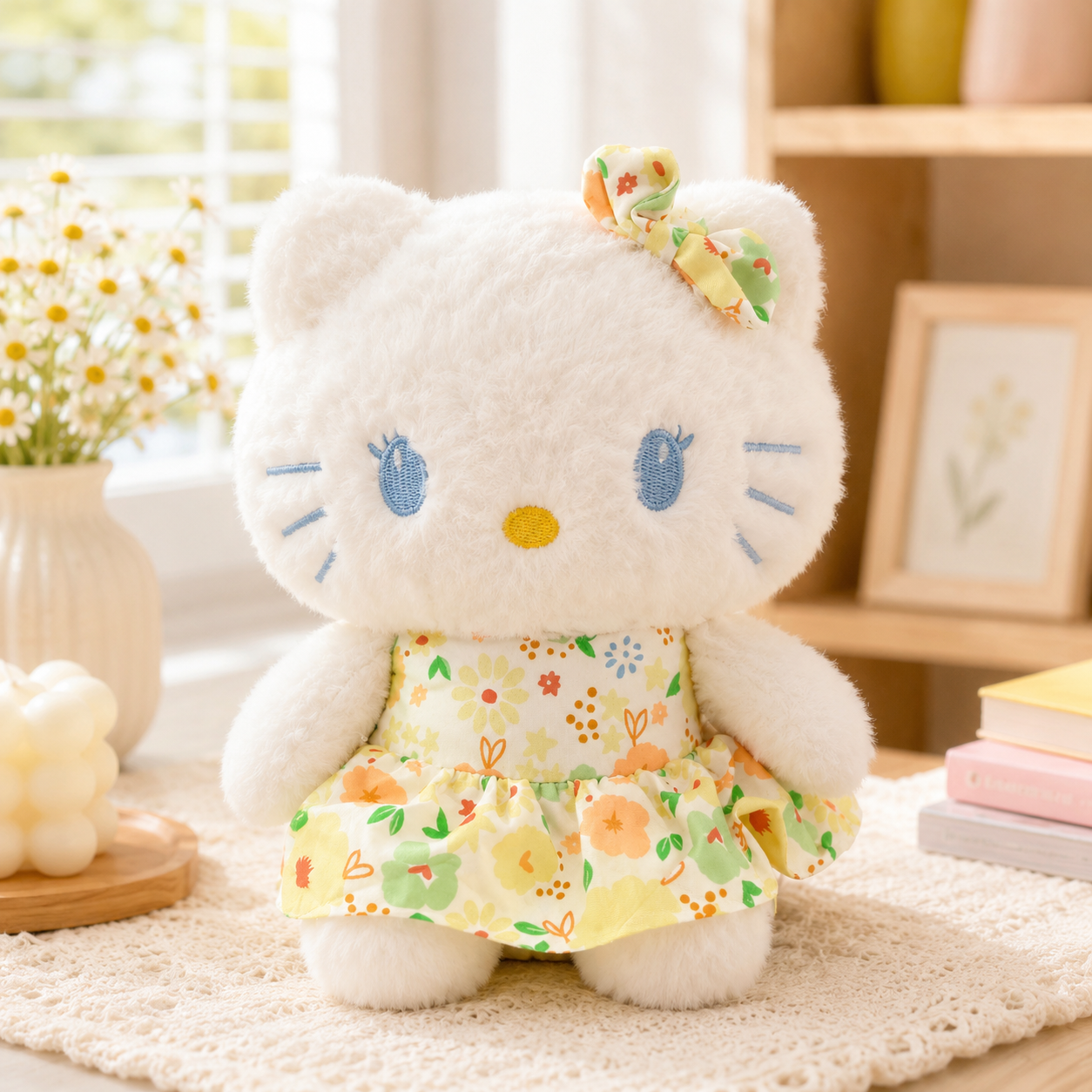 ** GẤU BÔNG KITTY ĐÍNH NƠ MẶC VÁY HOA SIZE 25CM