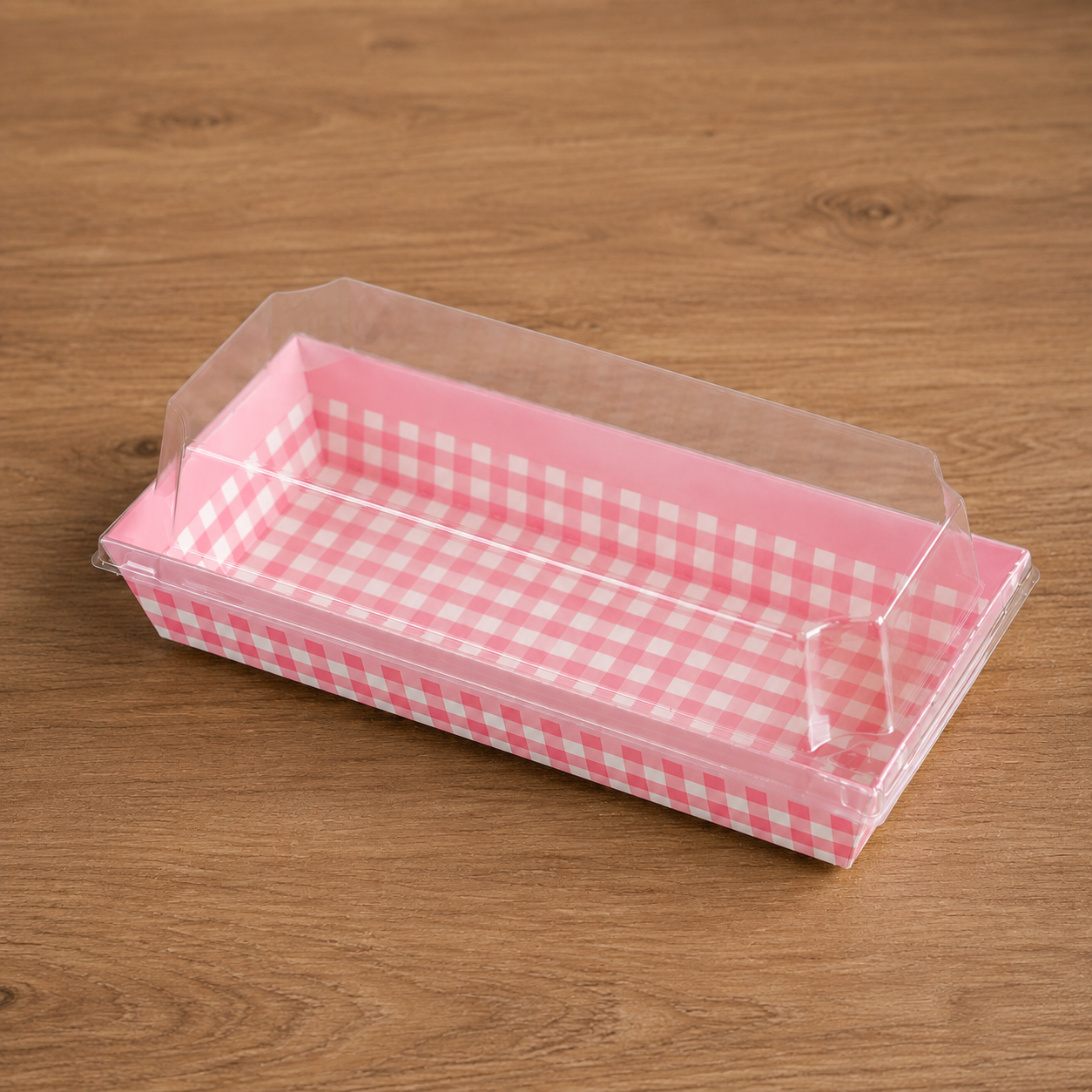 ** Hộp giấy chữ nhật caro hồng/XD nắp mica size 17.5x7x7cm