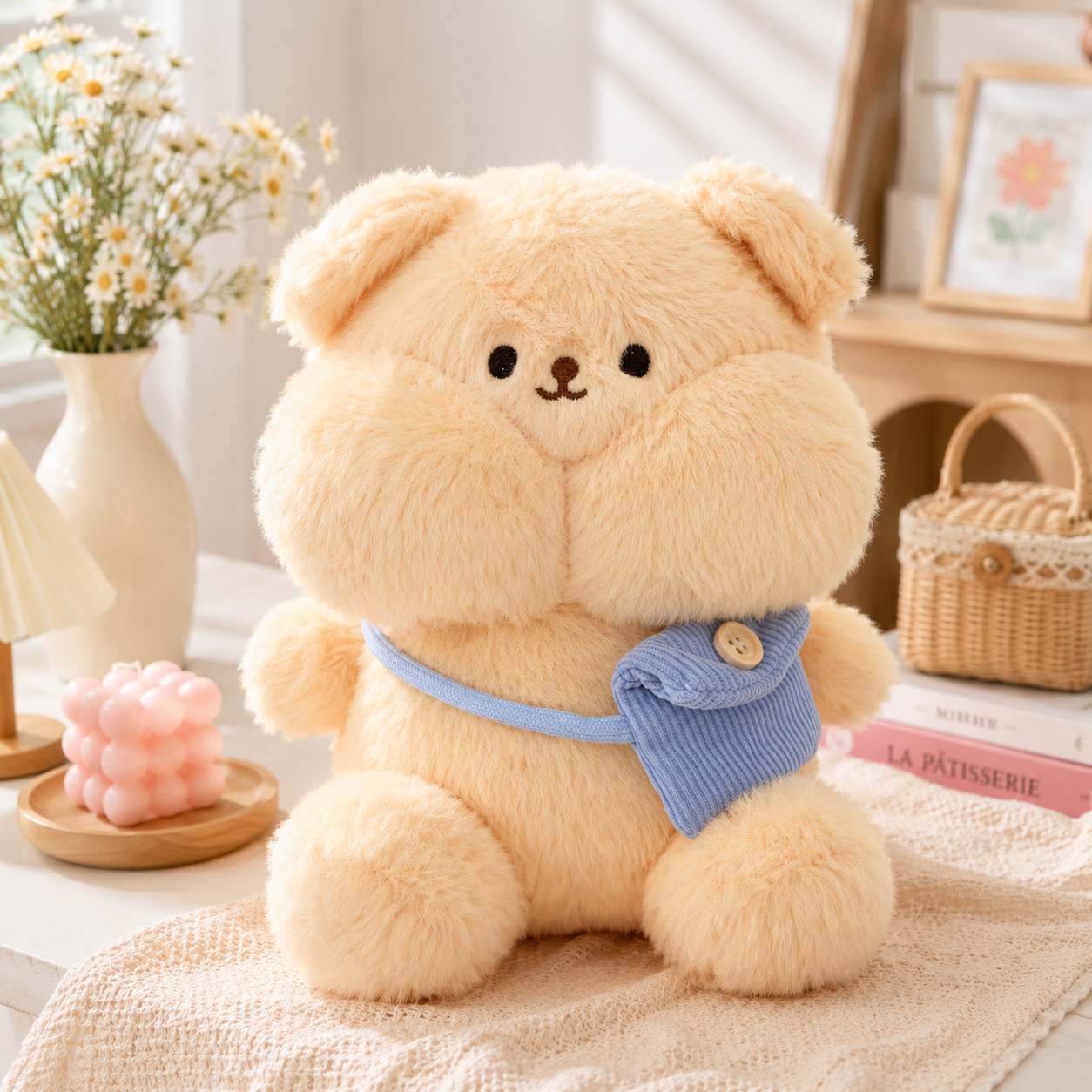 ** GẤU BÔNG THỎ MẶT Ú TRẮNG/NÂU ĐEO TÚI SIZE 25CM