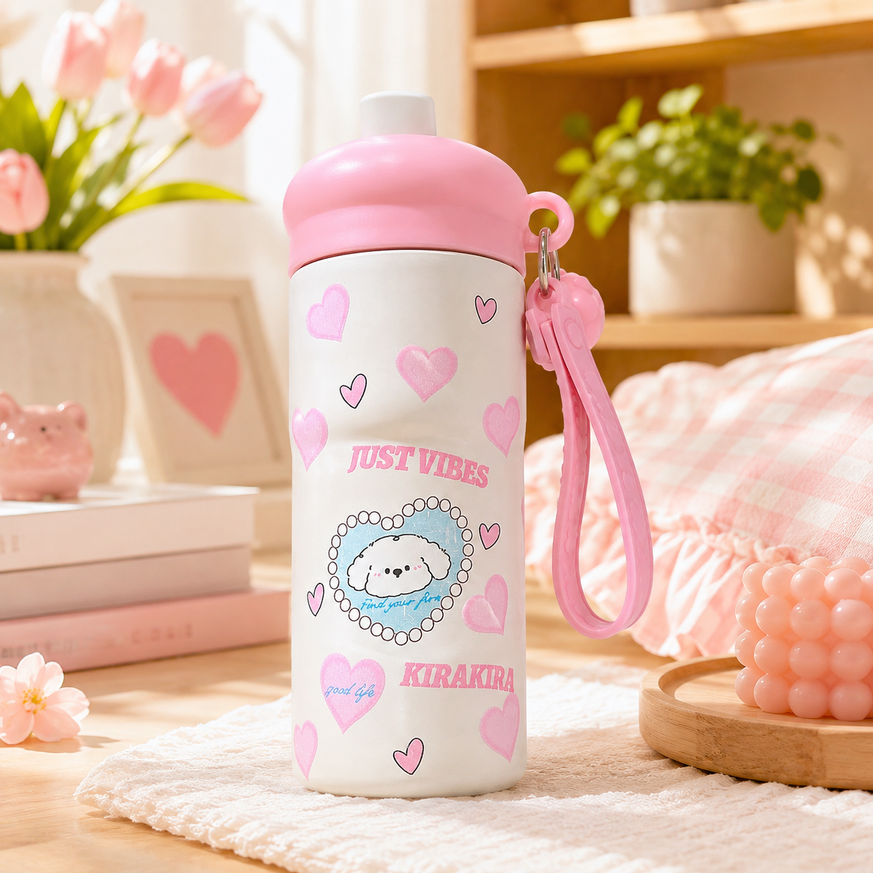 ** Bình giữ nhiệt cún trắng/mèo trắng nắp hồng/xd 600ml