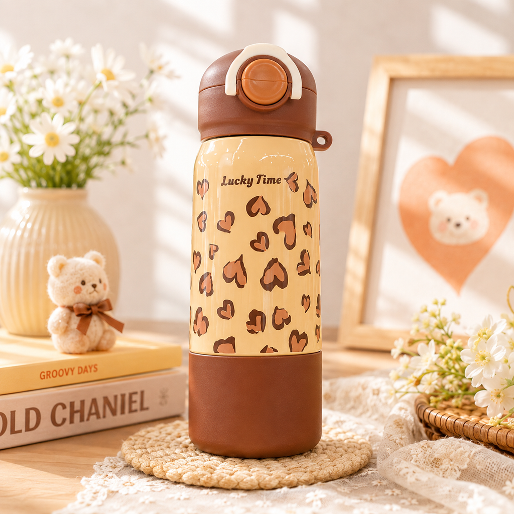 ** Bình giữ nhiệt họa tiết Beo hồng/nâu/xd 420ml