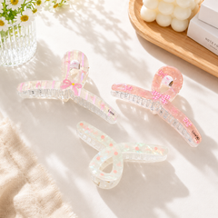 ** Kẹp càng cua xà cừ thạch tone hồng caro/chấm bi/nơ
