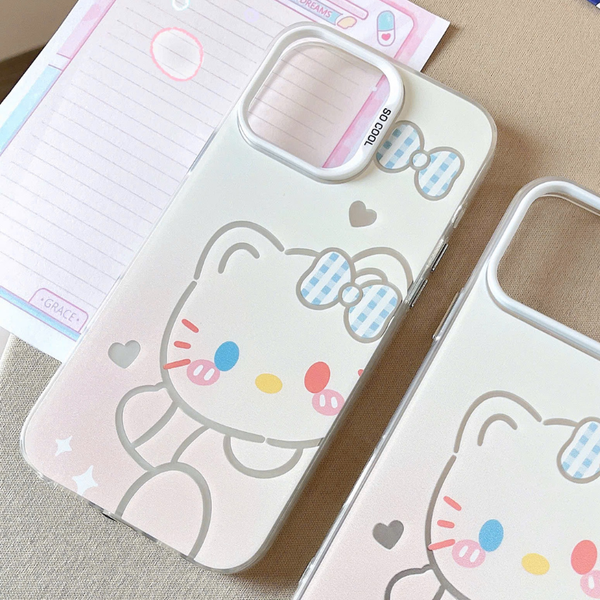 ** Ốp iPhone 11 6.1 lưng cứng nhám trắng Kitty nơ caro xanh