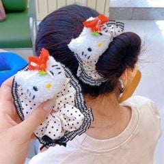 ** Scrunchies chấm bi viền caro kitty nơ đỏ đính cherry