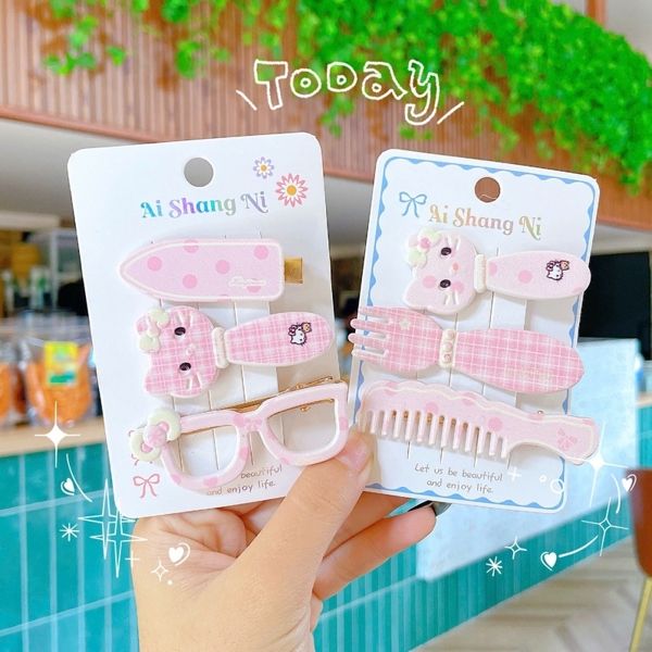 ** Set 3 kẹp mái kitty lược/kính/nơ/nĩa tone hồng