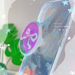 ** Ốp iPhone 17 vân sóng ánh bạc nơ xanh kèm pop