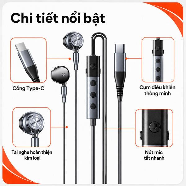 [C] Tai nghe dây Remax RM707A Cổng Type C