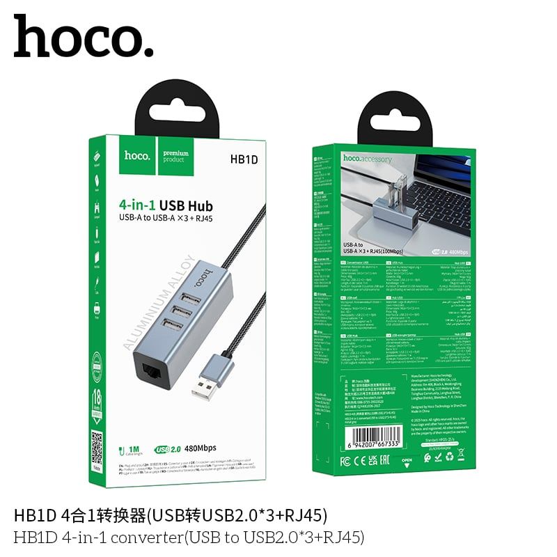 Hub USB sang 3U 2.0 + RJ45 Hoco HB1D