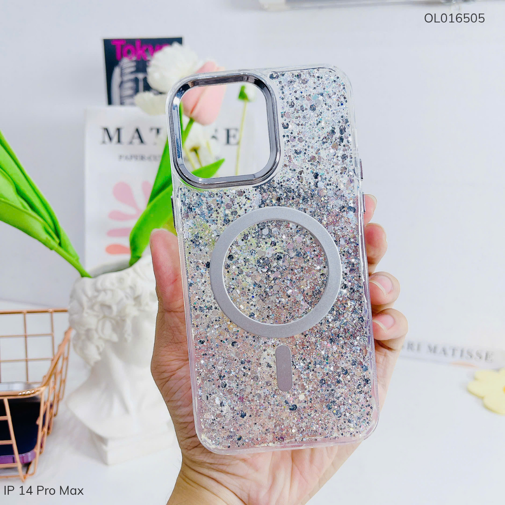 ** Ốp IP 14 Pro Max giả magsafe hạt kim tuyến