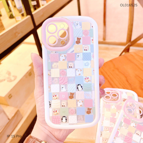 Ốp IP 15 Pro dẻo viền nổi nhiều thú kẻ ô vuông