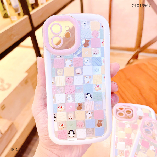 Ốp IP 11 6.1 dẻo viền nổi nhiều thú kẻ ô vuông