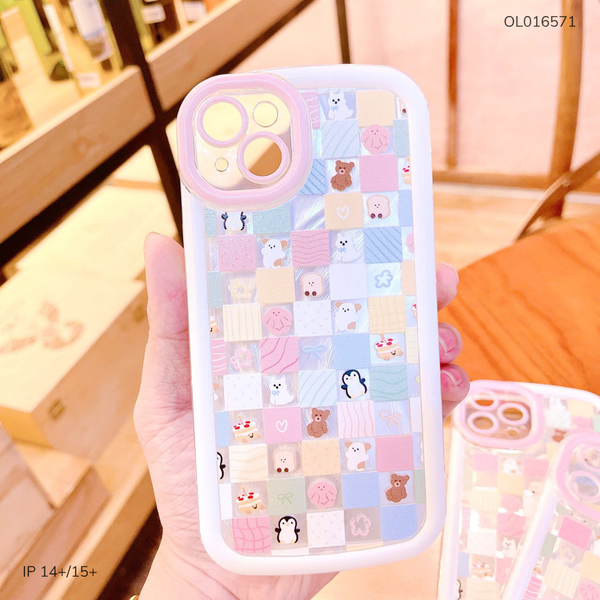 Ốp IP 14+/15+ dẻo viền nổi nhiều thú kẻ ô vuông