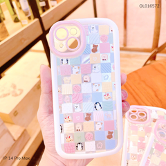 Ốp IP 14 Pro Max dẻo viền nổi nhiều thú kẻ ô vuông