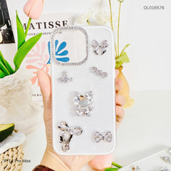 ** Ốp IP 14 Pro Max lưng nhũ trắng đính mèo kim cương
