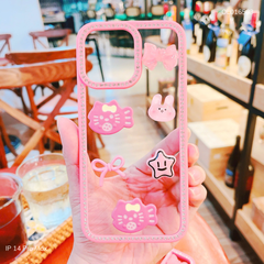 ** Ốp IP 14 Pro Max lưng trong đính charm viền hồng đính đá