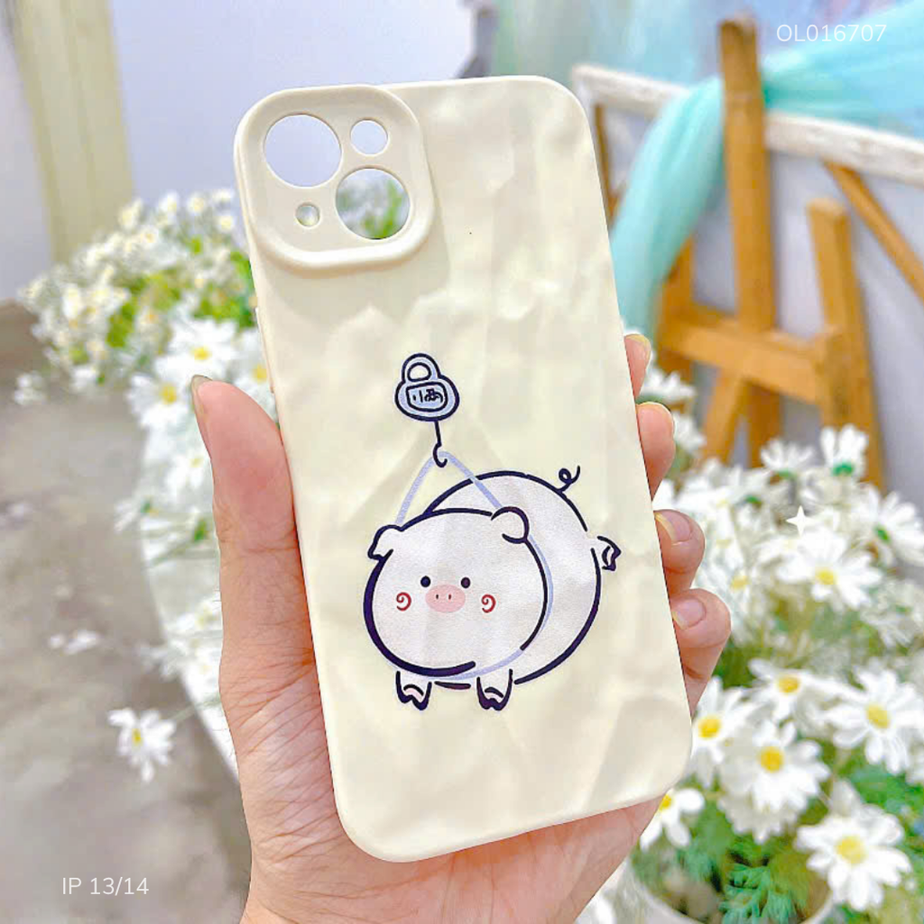 ** Ốp IP 13/14 dẻo vân đá nhám heo móc khóa treo