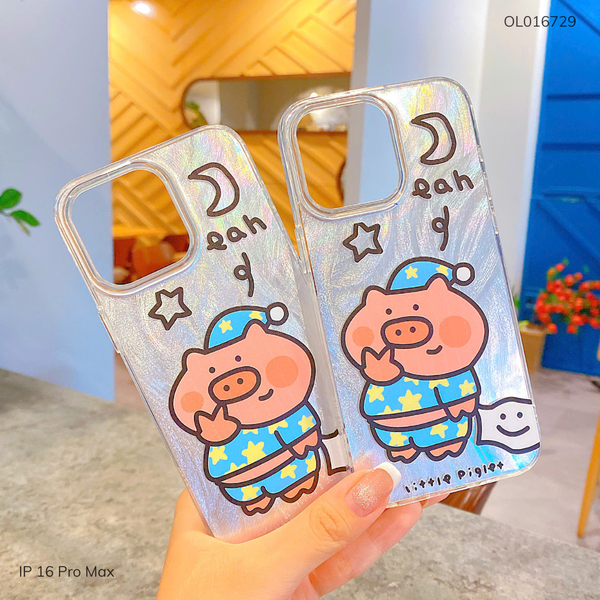 Ốp IP 16 Pro Max vân ánh sóng heo mặc đồ ngủ