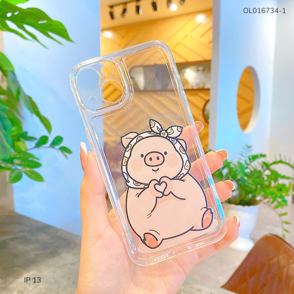 Ốp IP 13 6.1 dẻo trong in hình heo đội khăn