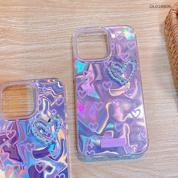 Ốp IP 11 6.1 vân đá 7 màu tim hồng Romantic Story Đính Tim Bạc