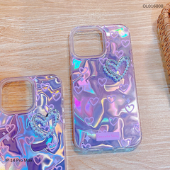 Ốp IP 14 Pro Max vân đá 7 màu tim hồng Romantic Story Đính Tim Bạc