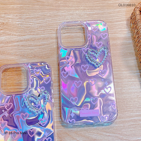 Ốp IP 16 Pro Max vân đá 7 màu tim hồng Romantic Story Đính Tim Bạc