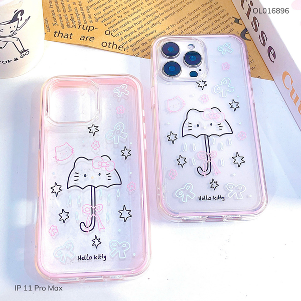 Ốp IP 11 Pro Max dẻo trong dù Kitty viền hồng 2 lớp
