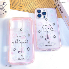 Ốp IP 13/14 dẻo trong dù Kitty viền hồng 2 lớp