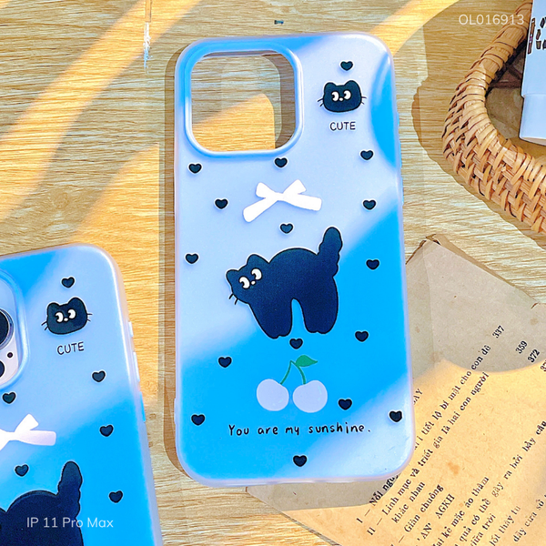 Ốp IP 11 Pro Max nhám 2 lớp mèo đen nền xanh dương You Are My Sunshine