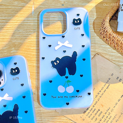 Ốp IP 15 Pro nhám 2 lớp mèo đen nền xanh dương You Are My Sunshine