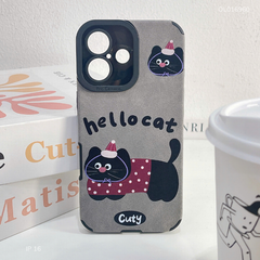 Ốp IP 16 6.1 giả da mèo đen áo chấm bi tím cuty