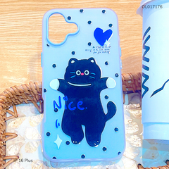 Ốp IP 16 Plus 2 lớp mèo đen đứng nền xanh Nice